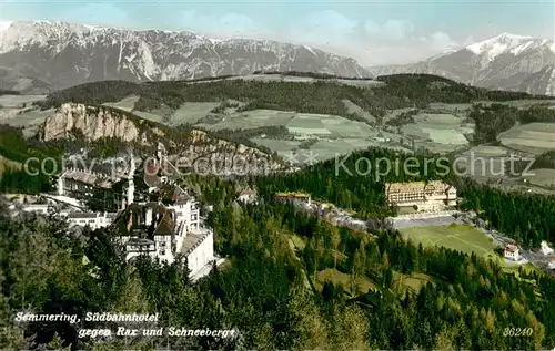 AK / Ansichtskarte Semmering_Niederoesterreich Suedbahnhof mit Raz und Schneeberge Fliegeraufnahme Semmering