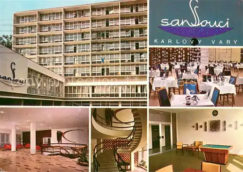 AK / Ansichtskarte Karlovy_Vary_Karlsbad Sanatorium Sanssouci Speisesaal Foyer Treppe Billardzimmer 