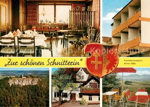 AK / Ansichtskarte Romansthal_Oberfranken Gasthof Zur schoenen Schnitterin Gaststube Appartements Terrasse Panorama Romansthal_Oberfranken