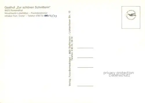 AK / Ansichtskarte Romansthal_Oberfranken Gasthof Zur schoenen Schnitterin Gaststube Appartements Terrasse Panorama Romansthal_Oberfranken