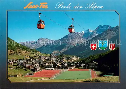 AK / Ansichtskarte Saas Fee Perle der Alpen Gondelbahn Spielboden Fletschhorn Laquinhorn Walliser Alpen Sportanlagen im Sommer Saas Fee