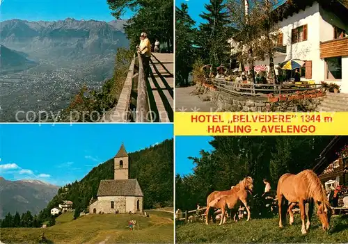 AK / Ansichtskarte Hafling_Avelengo Falzeben_IT Hotel Belvedere Fernsicht Bergkirche Haflinger Pferde 