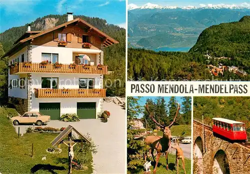 AK / Ansichtskarte Passo_della_Mendola_1360m_Mendelpass_IT Garni Villa Bruna Hotel Hirschstatue Zahnradbahn Landschaftspanorama Alpen 