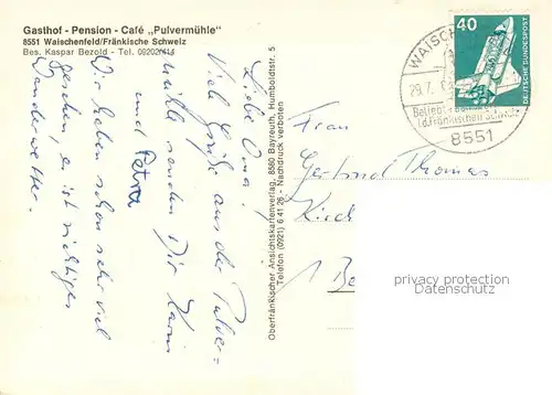 AK / Ansichtskarte Waischenfeld Gasthof Pension Cafe Pulvermuehle Fraenkische Schweiz Waischenfeld