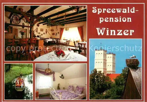 AK / Ansichtskarte Straupitz Spreewaldpension Winzer Gastsstube Bootspartie Zimmer Storchennest Straupitz