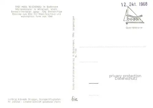 AK / Ansichtskarte Insel_Reichenau_Bodensee Marienmuenster in Mittelzell ehem Benediktinerabtei Basilika Fliegeraufnahme 