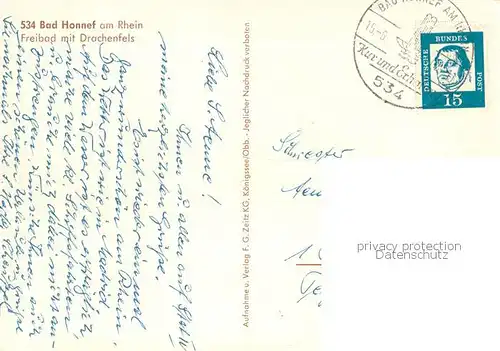 AK / Ansichtskarte Bad_Honnef Freibad mit Drachenfels Bad_Honnef