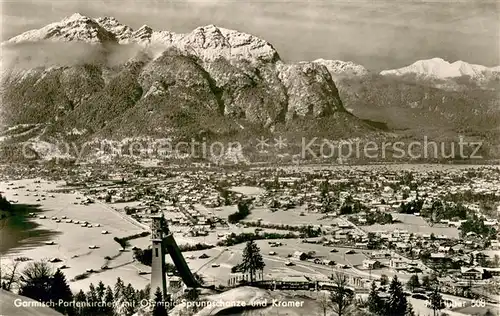 AK / Ansichtskarte Garmisch Partenkirchen Fliegeraufnahme mit Olympia Sprungschanze und Kramer Garmisch Partenkirchen
