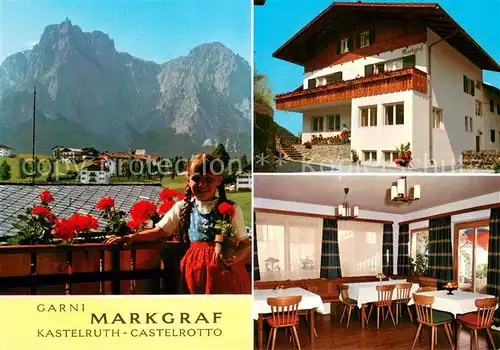 AK / Ansichtskarte Kastelruth_Suedtirol Pension Markgraf Trachten Dolomiten Kastelruth_Suedtirol
