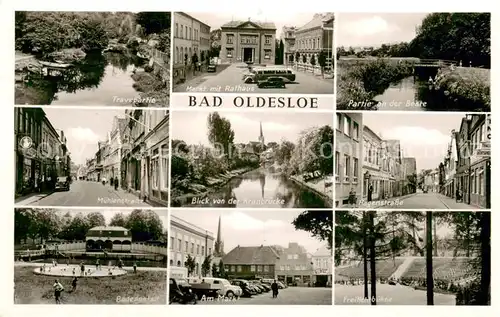 AK / Ansichtskarte Bad_Oldesloe Travepartie Markt Rathaus Muehlenstrasse Hagenstrasse Badeanstalt Freilichtbuehne Bad_Oldesloe