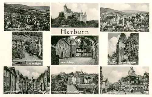AK / Ansichtskarte Herborn_Hessen Dollenbergblick Schloss Panorama Am Dillturm Hohe Schule St Leonhardsturm Hauptstrasse Dillbruecke Marktplatz Herborn Hessen