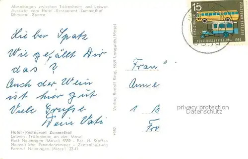 AK / Ansichtskarte Trittenheim_Mosel Hotel Restaurant Zummethof Drohntal Sperre Moselbogen Trittenheim Mosel