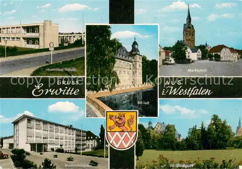 AK / Ansichtskarte Erwitte Laurentius Schule Marktplatz Marienhospital Im Stadtpark Erwitte