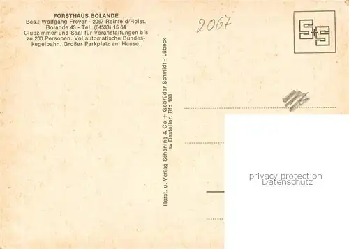 AK / Ansichtskarte Reinfeld_Holstein Forsthaus Bolande Gastraeume Reinfeld_Holstein