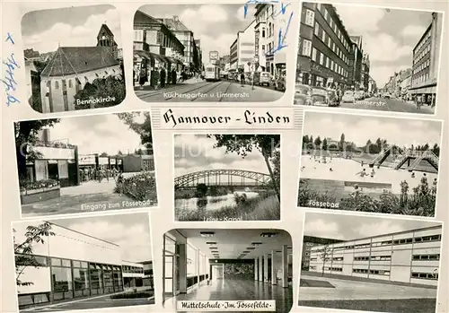 AK / Ansichtskarte Linden__Hannover Bennokirche Kuechengarten Limmerstrasse Eingang zum Foessebad Mittelschule Im Foessefelde 