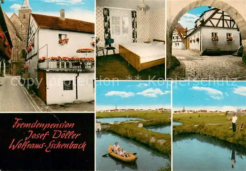 AK / Ansichtskarte Wolframs Eschenbach Fremdenpension Josef Doeller Gaestezimmer Torbogen Bootspartie Wolframs Eschenbach