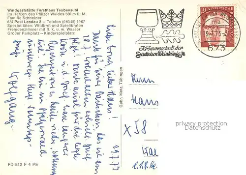 AK / Ansichtskarte Landau__Pfalz Waldgaststaette Forsthaus Taubensuhl Gastraeume Kaminzimmer 