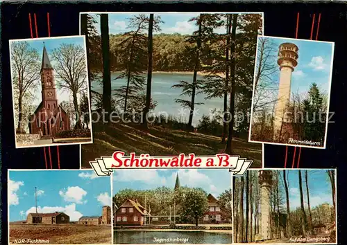 AK / Ansichtskarte Schoenwalde_Bungsberg Kirche Fernmeldeturm NDR Funkhaus Jugendherberge Waldpartie See Schoenwalde Bungsberg