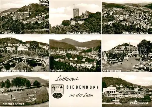 AK / Ansichtskarte Biedenkopf Schloss Heimatmuseum Panorama Lahnbruecke Marktplatz Kleingolf Schwimmbad Biedenkopf