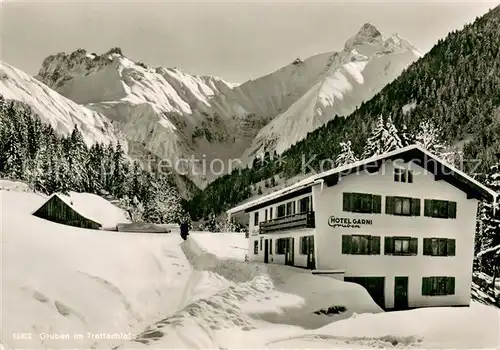 AK / Ansichtskarte Gruben_Oberstdorf Cafe Hotel Garni im Trettachtal Winterlandschaft Allgaeuer Alpen Gruben_Oberstdorf