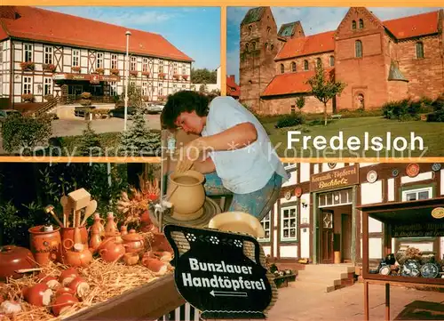 AK / Ansichtskarte Fredelsloh Toepferdorf seit 1000 Jahren Kunsthandwerk Bunzlauer Handtoepferei Hotel Restaurant Jaegerhof Pfeffermuehle Fredelsloh