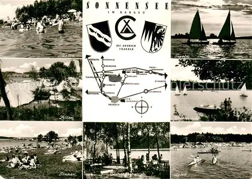 AK / Ansichtskarte Ansbach_Mittelfranken Waldstrandbad zum Sonnensee Zelten Segeln Wassersport Gaststaette Ansbach Mittelfranken