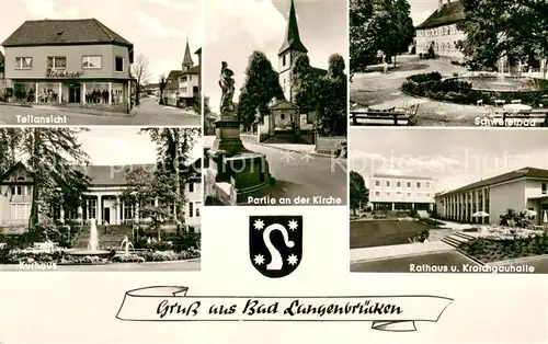 AK / Ansichtskarte Langenbruecken_Bad_Schoenborn Teilansicht Partie an der Kirche Schwefelbad Kurhaus Rathaus und Kraichgauhalle Langenbruecken_Bad