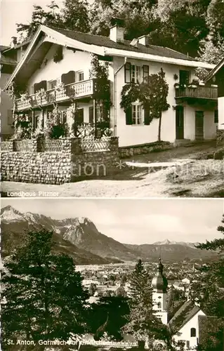 AK / Ansichtskarte Garmisch Partenkirchen Landhaus Pfitzner mit St Anton Kirche Garmisch Partenkirchen