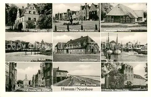AK / Ansichtskarte Husum__Nordfriesland Haus Cornils Markt Rathaus Brunnen Osterfelder Bauernhaus Hafen Jugendherberge Gross Strasse mit Kirche Deich Ludwig Nissen Haus 