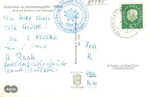 AK / Ansichtskarte Pfronten Ostlerhuette Berghuette am Breitenberggipfel  Kreuz Blick auf Gaishorn und Hochvogel Allgaeuer Alpen Pfronten