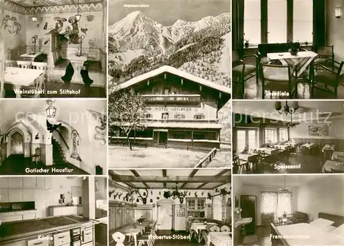 AK / Ansichtskarte Ettenhausen_Schleching Alpenhotel und Pension Edelweiss Weinstueberl zum Stiftshof Gotischer Hausflur Lesediele Speisesaal Kueche Hubertus Stueberl Fremdenzimmer Ettenhausen_Schleching