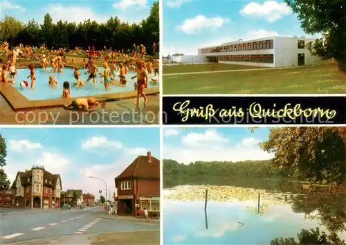 AK / Ansichtskarte Quickborn_Pinneberg Freibad Halle Strassenpartie Teich Quickborn Pinneberg