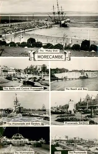 AK / Ansichtskarte Morecambe_Lancashire_UK The Moby Dick The Baths and Central Promenade Beach and Bay Promenade Gardens Illuminations  