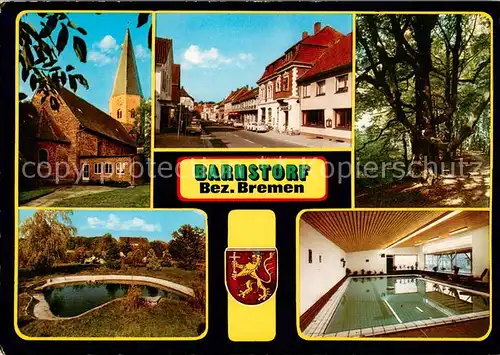 AK / Ansichtskarte Barnstorf_Diepholz Kirche Bruecke Strassenpartie Alter Baum Hallenbad Barnstorf_Diepholz