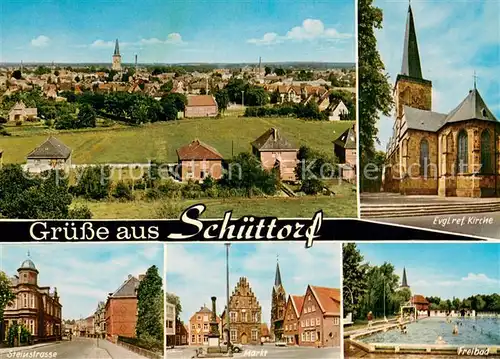 AK / Ansichtskarte Schuettorf Panorama Ev ref Kirche Steinstrasse Markt Freibad Schuettorf
