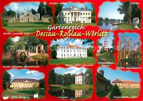 AK / Ansichtskarte Dessau Rosslau Woerlitz Gotisches Haus Rousseauinsel oranienbaum Schloss Luisium Schloss Mosigkau Dessau Schloss Georgium Georgium Ruinenbruecke Dessau Rosslau
