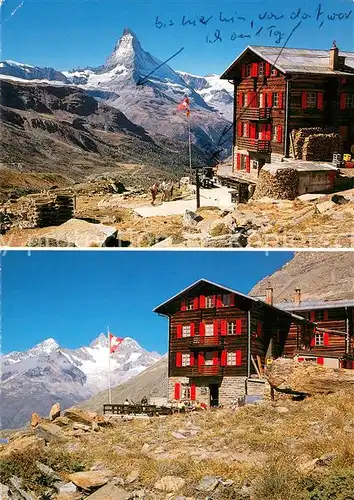 AK / Ansichtskarte Fluhalp_Leukerbad_VS Berg  u. Skihuette Matratzenlager m. Matterhorn 