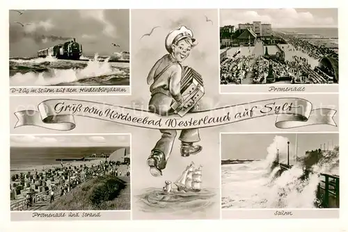 AK / Ansichtskarte Westerland_Sylt D Zug im Sturm auf dem Hindenburgdamm Promenade Strand Sturmflut Westerland_Sylt