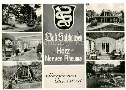 AK / Ansichtskarte Bad_Salzhausen Kurhaus Trinkhalle Altes Wasserrad Neue Saline Lesehalle Klein Golfplatz Bad_Salzhausen
