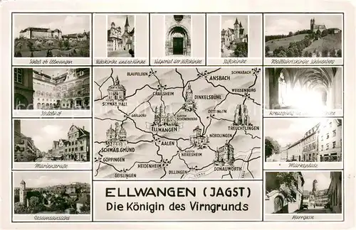 AK / Ansichtskarte Ellwangen_Jagst Schloss Schlosshof Marienstrasse Panorama Stiftskirche Suedportal Wallfahrtskirche Schoenenberg Kreuzgang Marktplatz Pfarrgasse Ellwangen_Jagst