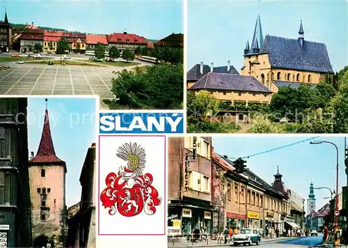 AK / Ansichtskarte Slany_Schlan_CZ Namesti9 kvetna kostel sv Gottharda Velvarska brana Husova ulice 