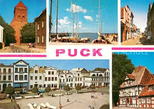 AK / Ansichtskarte Puck Gotycki kosciol Przystanzeglarska Rynek Stacja Widzy o Regionie Puck