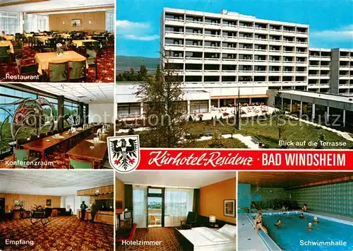AK / Ansichtskarte Bad_Windsheim Kurhotel Residenz Restaurant Konfrenzraum Empfang Hotelzimmer Schwimmhalle Bad_Windsheim