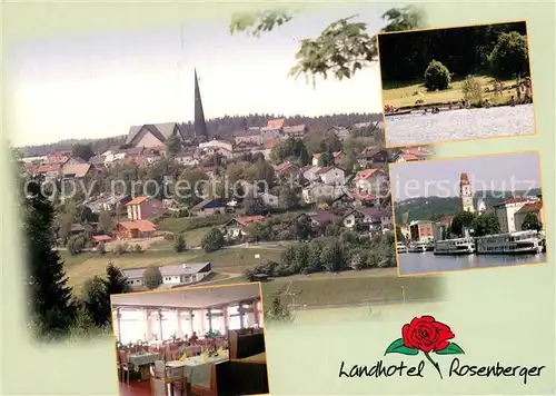 AK / Ansichtskarte Wegscheid_Niederbayern Landhotel Rosenberger Badesee Fahrgastschiffe Ortsansicht mit Kirche Wegscheid Niederbayern