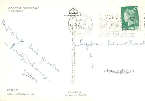 AK / Ansichtskarte Cannes_06 Vue generale aerienne Cote d Azur 