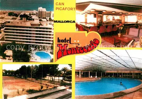 AK / Ansichtskarte Can_Picafort_Mallorca_ES Hotel Montecarlo Fliegeraufnahme Gastraum Hallenbad Tennisplatz 