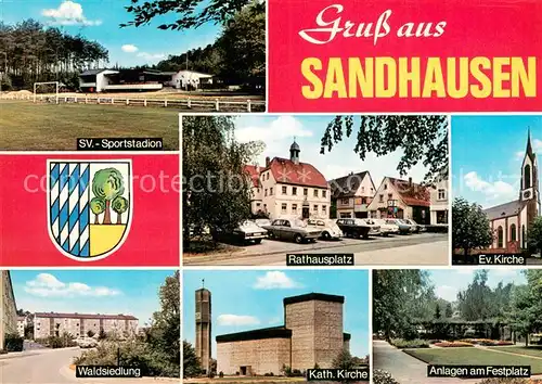 AK / Ansichtskarte Sandhausen_Baden SV Sportstaion Rathausplatz Ev Kirche Waldsiedlung Kath Kirche Anlagen am Festplatz Sandhausen_Baden