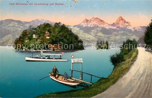 AK / Ansichtskarte Insel_Schwanau_Schwyz_SZ mit Gesslerburg und Mythen 