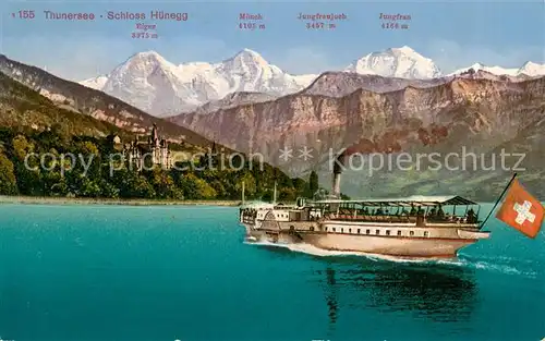 AK / Ansichtskarte Thunersee Schloss Huenegg mit Eiger Moench Jungfrau Fahrgastschiff Thunersee