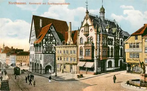AK / Ansichtskarte Nordhausen__Thueringen Kornmarkt m. Sparkassengebaeude u. Strassenbahn 